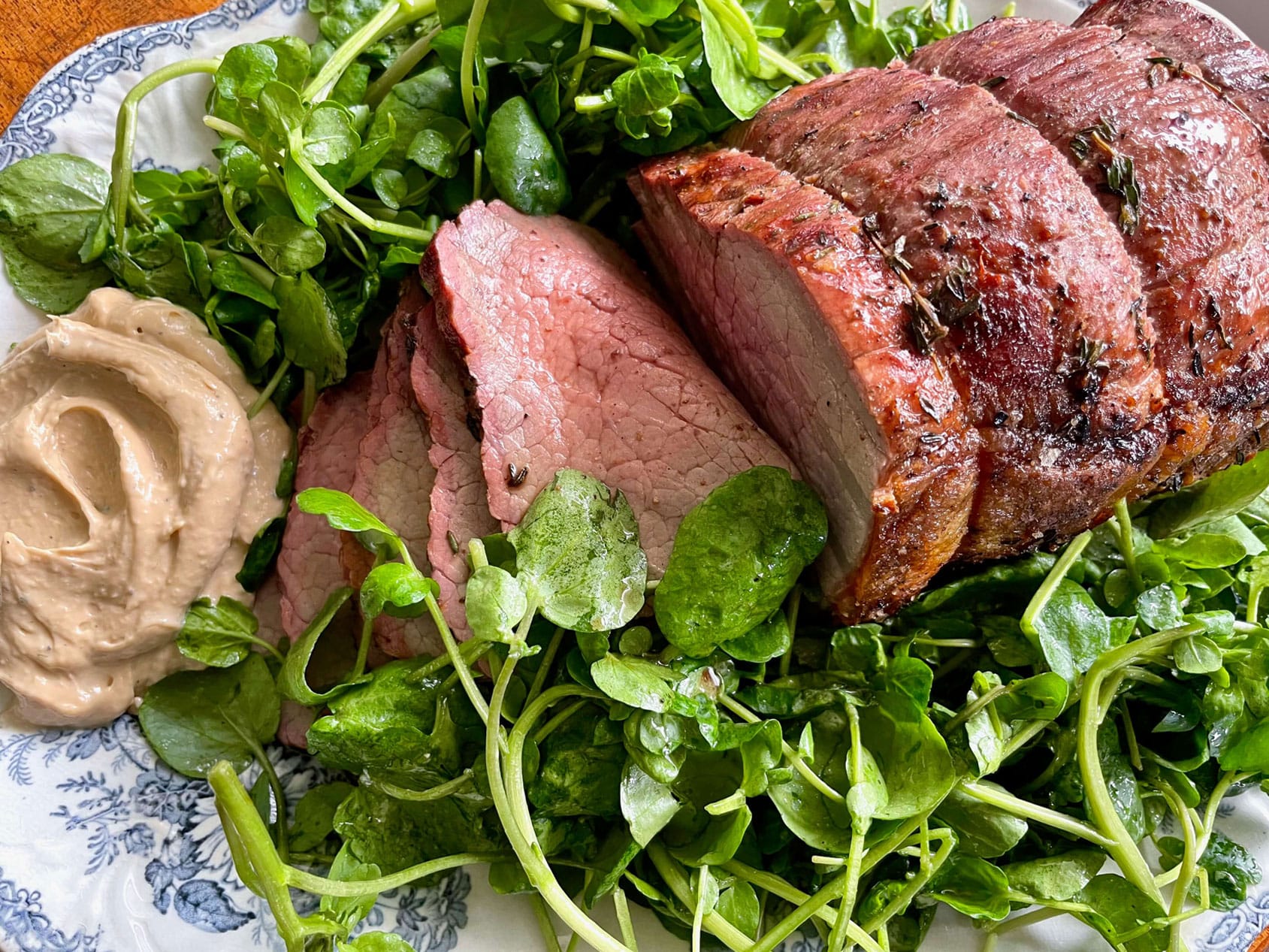 Roast Topside of Beef with Watercress Salad and Anchovy Aioli