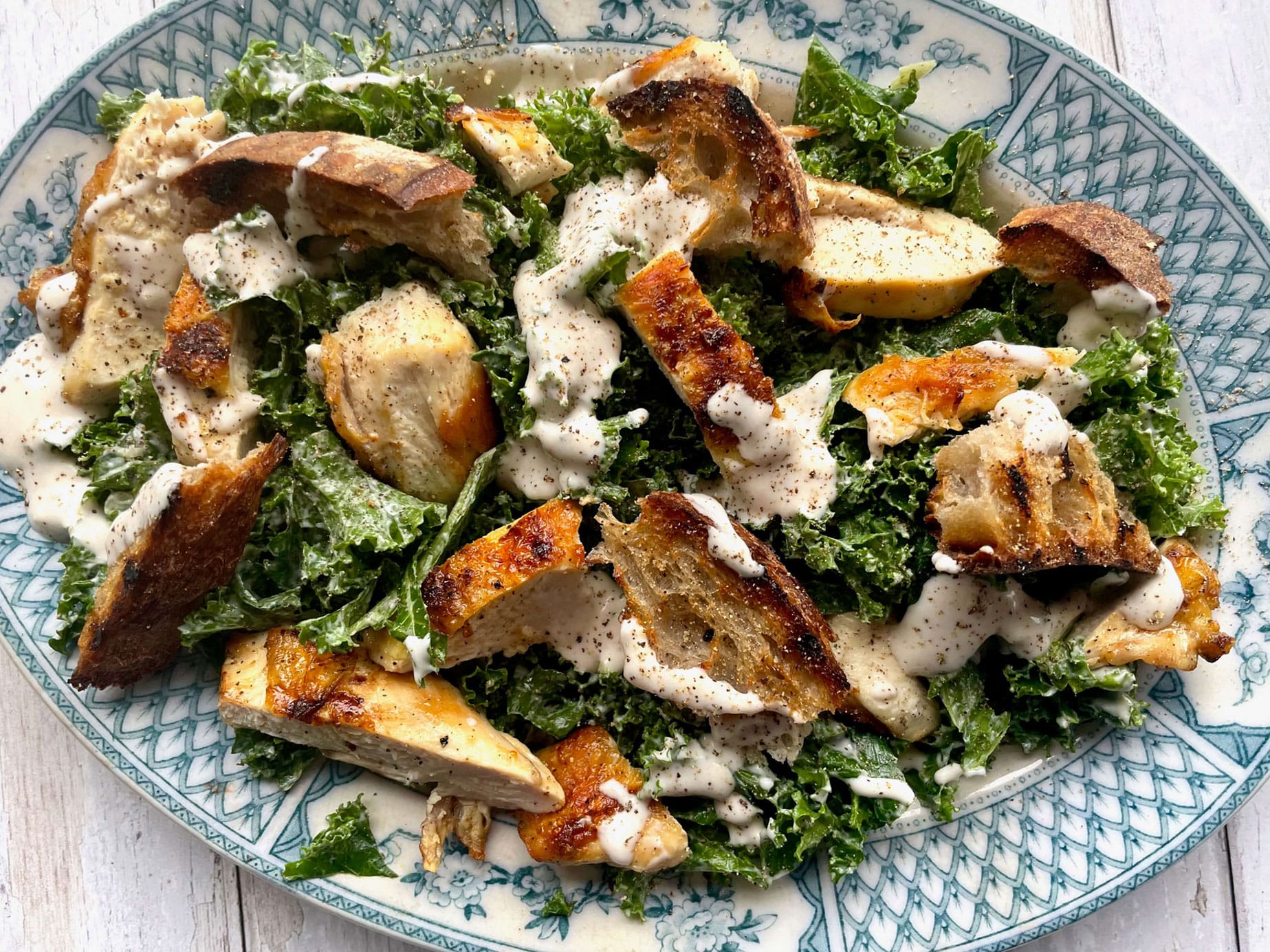 Kale Chicken Caesar Salad with Grilled Croutons