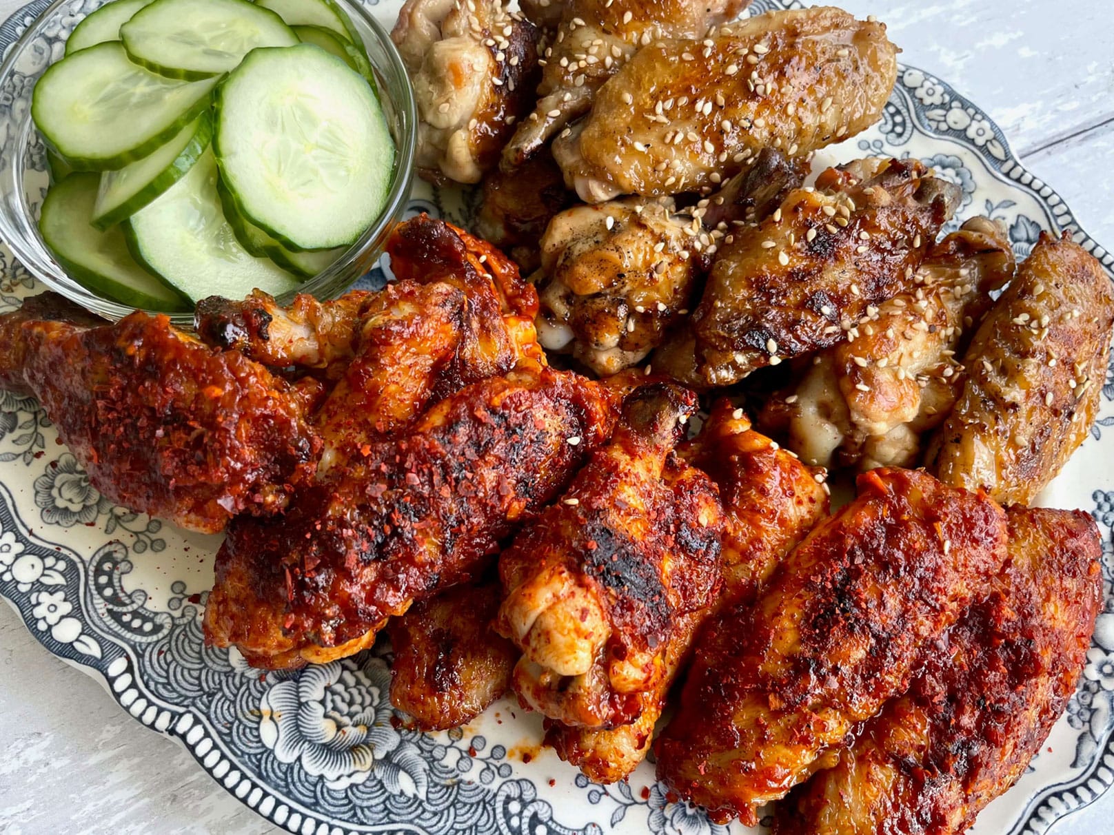 Spicy and Sweet Wings with Pickled Cucumbers